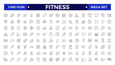 Spor salonu ve spor salonu ikonu seti. Sağlıklı yaşam tarzı, ağırlık eğitimi, vücut bakımı ve egzersiz malzemesi ikonları içerir. Taslak simge koleksiyonu.