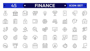 Finans simgesi ayarlandı. İçinde kredi, nakit, tasarruf, mali hedef, kâr, bütçe, yatırım fonu, para ve gelir simgeleri yer alıyor. Taslak simge koleksiyonu