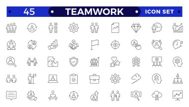 Yönetim, yönetim, denetim, liderlik, ticaret ve yönetimle ilgili ikonlar. Doğrusal simge koleksiyonu. Takım çalışması simgesi koleksiyonu