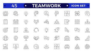 Yönetim, yönetim, denetim, liderlik, ticaret ve yönetimle ilgili ikonlar. Doğrusal simge koleksiyonu. Takım çalışması simgesi koleksiyonu