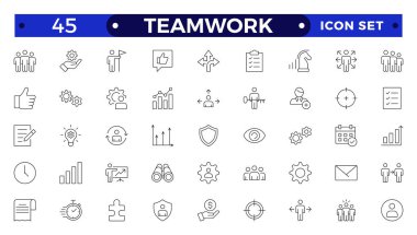 Yönetim, yönetim, denetim, liderlik, ticaret ve yönetimle ilgili ikonlar. Doğrusal simge koleksiyonu. Takım çalışması simgesi koleksiyonu
