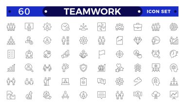 Yönetim, yönetim, denetim, liderlik, ticaret ve yönetimle ilgili ikonlar. Doğrusal simge koleksiyonu. Takım çalışması simgesi koleksiyonu