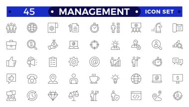 Yönetim, yönetim, denetim, liderlik, ticaret ve yönetimle ilgili ikonlar. Doğrusal simge koleksiyonu. Yönetim simgesi koleksiyonu