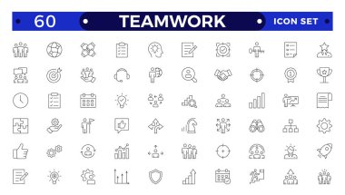 Yönetim, yönetim, denetim, liderlik, ticaret ve yönetimle ilgili ikonlar. Doğrusal simge koleksiyonu. Takım çalışması simgesi koleksiyonu