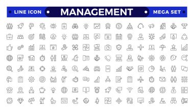 Yönetim, yönetim, denetim, liderlik, ticaret ve yönetimle ilgili ikonlar. Doğrusal simge koleksiyonu. Yönetim simgesi koleksiyonu
