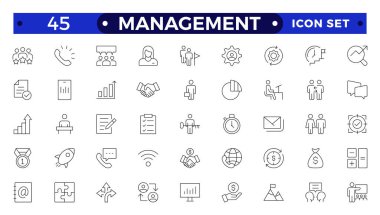 Yönetim, yönetim, denetim, liderlik, ticaret ve yönetimle ilgili ikonlar. Doğrusal simge koleksiyonu. Yönetim simgesi koleksiyonu