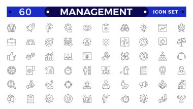 Yönetim, yönetim, denetim, liderlik, ticaret ve yönetimle ilgili ikonlar. Doğrusal simge koleksiyonu. Takım çalışması simgesi koleksiyonu