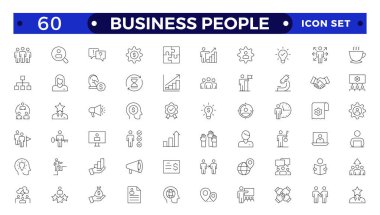Business people line icons set. Businessman outline icons collection. Teamwork, human resources, meeting, partnership, meeting, work group, success, resume