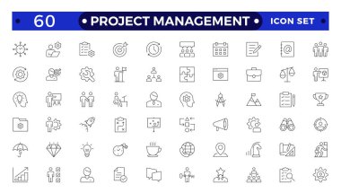 Proje yönetim simgesi koleksiyonu. Zaman yönetimi ve planlama konsepti. Web ve mobil uygulama için iş veya organizasyon yönetim simgeleri. Zaman yönetimi, planlama, proje, başlangıç, pazarlama