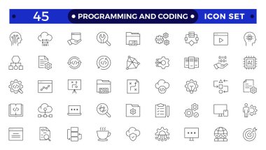 Web simgelerinin kodlama seti satır biçiminde programlanıyor. Web ve mobil uygulama için yazılım geliştirme simgeleri. Kod, api, programcı, geliştirici, bilgi teknolojisi, kodlayıcı ana karakter koleksiyonu