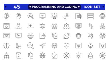 Web simgelerinin kodlama seti satır biçiminde programlanıyor. Web ve mobil uygulama için yazılım geliştirme simgeleri. Kod, api, programcı, geliştirici, bilgi teknolojisi, kodlayıcı ana karakter koleksiyonu