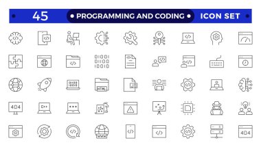 Web simgelerinin kodlama seti satır biçiminde programlanıyor. Web ve mobil uygulama için yazılım geliştirme simgeleri. Kod, api, programcı, geliştirici, bilgi teknolojisi, kodlayıcı ana karakter koleksiyonu