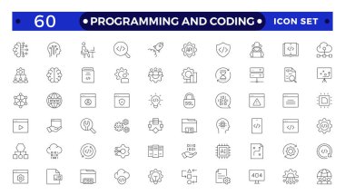 Web simgelerinin kodlama seti satır biçiminde programlanıyor. Web ve mobil uygulama için yazılım geliştirme simgeleri. Kod, api, programcı, geliştirici, bilgi teknolojisi, kodlayıcı ana karakter koleksiyonu