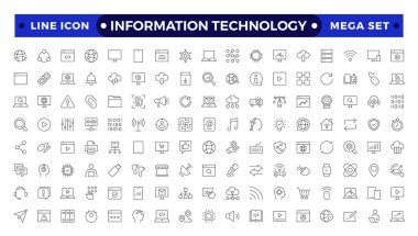Bilgi teknolojisi ince çizgi simgeleri ayarlandı. Bilgi Teknolojisi ikon koleksiyonunu özetliyor. Programlama, Ağ, Web Sitesi, Süreç, İnternet, Veri, Teknoloji sembolü