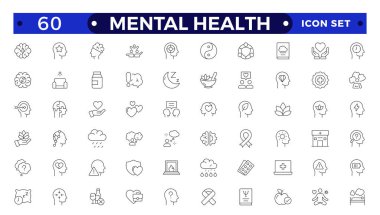 Ruh sağlığı ikonu seti. Depresyon, bipolar bozukluk, travma sonrası stres bozukluğu, panik ve zihinsel bozukluk ikonları içeriyor. Psikoloji ana hatları sembol çizimi