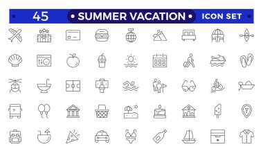 Yaz tatili ikonu seti. Nesnelerle, etkinliklerle ve seyahat, turizm, sahilde ve dağda açık hava, kamp, tatil beldeleri ve otellerle ilgili yerlerle ilgili ince çizgiler oluşturun.