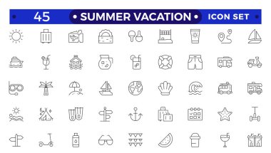 Yaz tatili ikonu seti. Nesnelerle, etkinliklerle ve seyahat, turizm, sahilde ve dağda açık hava, kamp, tatil beldeleri ve otellerle ilgili yerlerle ilgili ince çizgiler oluşturun.