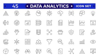 Veri analiz simgesi ayarlandı. Büyük veri analiz teknolojisi sembolü. Veritabanı, istatistik, analitik, sunucu, izleme, bilgisayar ve ağ simgeleri içerir. Taslak simge vektör koleksiyonu.
