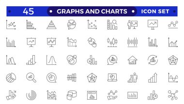 Büyüyen çubuk grafik simgesi seti. İş grafikleri ve grafikleri simgeleri. İstatistik ve analitik taslak simgesi. İstatistik ve veri, grafikler, para, aşağı veya yukarı ok.