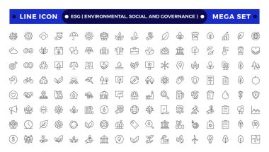 ESG simge ana hatları seti, Çevre, Sosyal ve Yönetim çizgi simgesi. ESG ana hatları simge koleksiyonu. Sürdürülebilirlik dahil, Güneş Paneli. Çevre Sosyal Yönetimi hakkında bir dizi özet simgesi