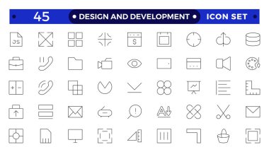 Tasarım ve Geliştirme 'nin ince taslak simgeleri. Modern bir düzlükte basit doğrusal simgeler, Yaratıcı Süreç. Grafik tasarımı, yaratıcı paket, durağan, yazılım ve daha fazlası
