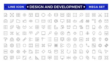 Tasarım ve Geliştirme 'nin ince taslak simgeleri. Modern bir düzlükte basit doğrusal simgeler, Yaratıcı Süreç. Grafik tasarımı, yaratıcı paket, durağan, yazılım ve daha fazlası