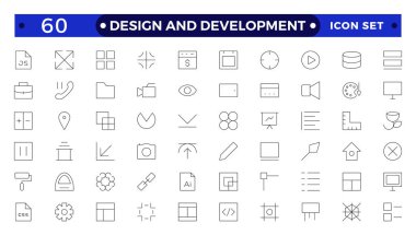 Tasarım ve Geliştirme 'nin ince taslak simgeleri. Modern bir düzlükte basit doğrusal simgeler, Yaratıcı Süreç. Grafik tasarımı, yaratıcı paket, durağan, yazılım ve daha fazlası