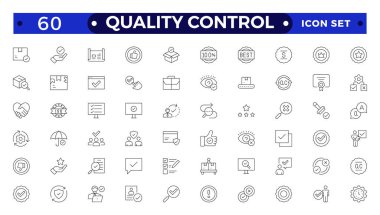 Kalite kontrol ana hatları simgesi seti. Mobil uygulamalar için denetim, değerlendirme, ürün, kalite güvencesi, süreç, test, piktogram ve bilgi grafikleri içerir