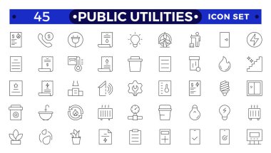 Kamu hizmetleri, hizmet. Doğrusal biçimde Outline simgelerinin kümesi. Elektrik, su, gaz, drenaj, çöp kaldırma, büyük onarımlar, soğuk, sıcak su. Ana kavramsal resim grafiği