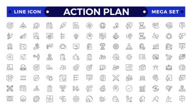 Eylem Planı simge koleksiyonu. İş, strateji, başlangıç, adımlar, hedef simgeler. Kullanıcı simgesi seti. İnce dış hat simgesi