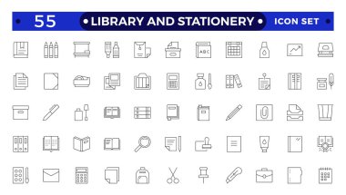 Kütüphane ve kırtasiye ikonu seti. Üniversite, Bilgi, Üniversite, Kitap, Çalışma, Sertifika, Öğrenci, Kütüphane, Ders, Kırtasiye gibi doğrusal özet simgeleri içerir