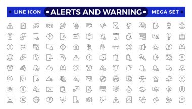 Uyarı ve risk. Doğrusal biçimde çizgi simgeleri kümesi. Uyarı işareti, dikkat, tehlike, dikkat, dur. Uyarı ve Uyarı ana hatları simgesi koleksiyonu.