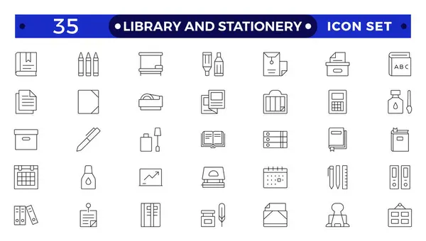 stock vector Library and stationery icon set. Contain linear outline icons like College, Knowledge, University, Book, Study, Certificate, Student, Library, Lesson, Stationery