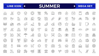 Yaz tatili ikonu seti. Nesnelerle, etkinliklerle ve seyahat, turizm, sahilde ve dağda açık hava, kamp, tatil beldeleri ve otellerle ilgili yerlerle ilgili ince çizgiler oluşturun.