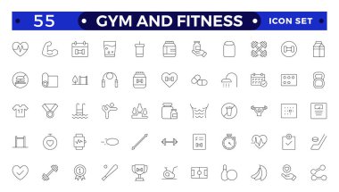 Spor salonu ve spor salonu ikonu seti. Sağlıklı yaşam tarzı, ağırlık eğitimi, vücut bakımı ve egzersiz malzemesi ikonları içerir. Taslak simge koleksiyonu.