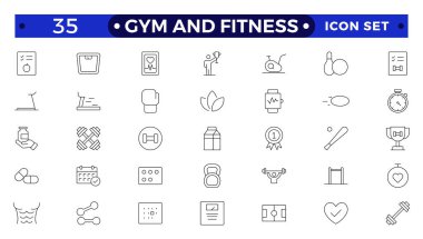 Spor salonu ve spor salonu ikonu seti. Sağlıklı yaşam tarzı, ağırlık eğitimi, vücut bakımı ve egzersiz malzemesi ikonları içerir. Taslak simge koleksiyonu.