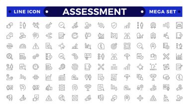 Değerlendirme simgeleri, hedefleri, sonuçları, süreci, kalitesi, planlaması, analizi, denetimi, mali raporu, ölçümü, uzmanlığı ile tam olarak düzenlenebilir ince çizgi çizgisi çizimi ile belirlendi