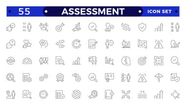 Değerlendirme simgeleri, hedefleri, sonuçları, süreci, kalitesi, planlaması, analizi, denetimi, mali raporu, ölçümü, uzmanlığı ile tam olarak düzenlenebilir ince çizgi çizgisi çizimi ile belirlendi