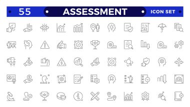 Değerlendirme simgeleri, hedefleri, sonuçları, süreci, kalitesi, planlaması, analizi, denetimi, mali raporu, ölçümü, uzmanlığı ile tam olarak düzenlenebilir ince çizgi çizgisi çizimi ile belirlendi