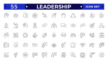 Liderlik Ana Hattı Düzenlenebilir Simgeler ayarlandı. Yönetim simgelerinin modern ince çizgi tarzında vektör illüstrasyonu: lider, heyet, kontrol, sorumluluk ve daha fazlası. Piktogram ve bilgi grafikleri