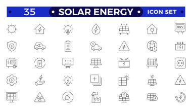 Güneş enerjisi taslak simgesi ayarlandı. Yeşil enerji simgesi ayarlandı. Yenilenebilir enerji, ekoloji ve yeşil elektrik simgelerinin toplanması.