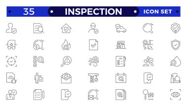İnce çizgi dizaynında denetleme web simgeleri. Teftiş paketi, kiralama, hesaplama parası, koçluk, koruma, işbirliği, başarı, görev, diğer özet çizim piktogramları.