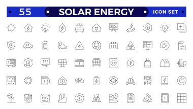 Güneş enerjisi taslak simgesi ayarlandı. Yeşil enerji simgesi ayarlandı. Yenilenebilir enerji, ekoloji ve yeşil elektrik simgelerinin toplanması.