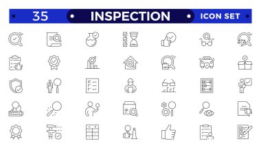 İnce çizgi dizaynında denetleme web simgeleri. Teftiş paketi, kiralama, hesaplama parası, koçluk, koruma, işbirliği, başarı, görev, diğer özet çizim piktogramları.