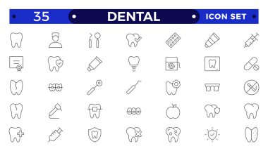 Diş simgesi koleksiyonu. Diş fırçası, diş macunu, diş fırçası, diş implantı ve diş implantı ikonları ile ilgili. Taslak simgesi seti