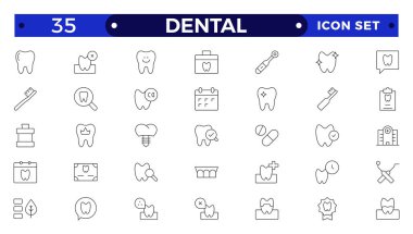 Diş simgesi koleksiyonu. Diş fırçası, diş macunu, diş fırçası, diş implantı ve diş implantı ikonları ile ilgili. Taslak simgesi seti