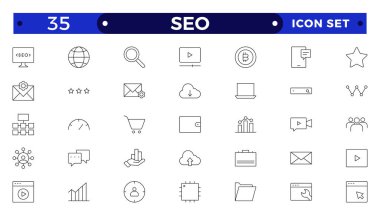 Seo Outline simgesi seti. Arama motoru optimizasyon simgesi koleksiyonu. İş ve pazarlama, trafik, sıralama, optimizasyon, bağlantı ve anahtar sözcük içerir.