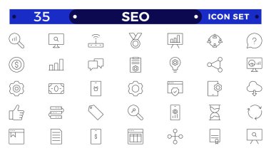 Seo Outline simgesi seti. Arama motoru optimizasyon simgesi koleksiyonu. İş ve pazarlama, trafik, sıralama, optimizasyon, bağlantı ve anahtar sözcük içerir.