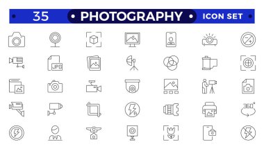 Fotoğraf ikonu seti. Kamera, fotoğrafçı, video, fotoğraf ve daha fazlası. Fotoğraf stüdyosu. Kamera simgesi ayarlandı. Fotoğraf ve video kamera simgeleri koleksiyonunu al