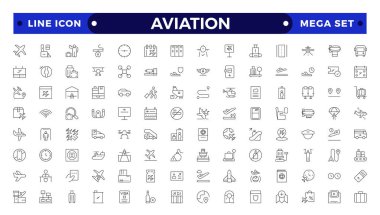 İnce çizgi havacılık simgeleri seti. Uçak ikonu koleksiyonu. Uçak ikonu vektörü. Uçuş taşıma sembolü. Seyahat kavramı